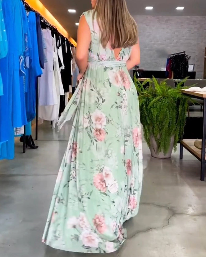 Elegante mouwloze jurk met V-hals en bloemenprint