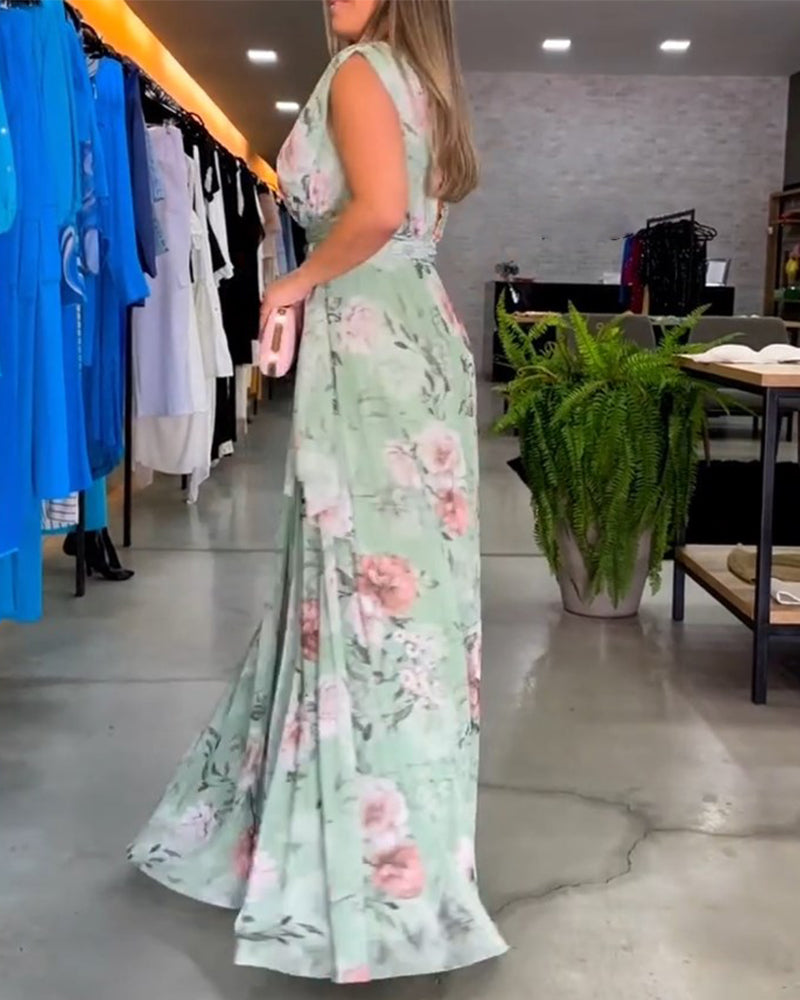 Elegante mouwloze jurk met V-hals en bloemenprint