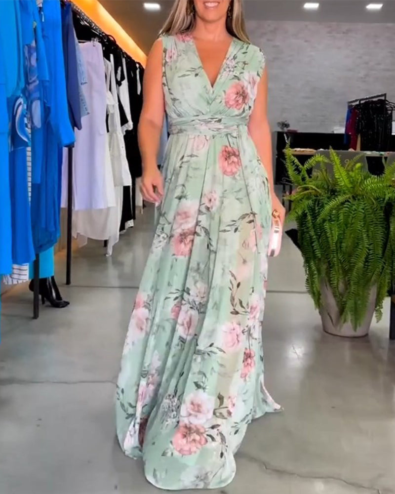 Elegante mouwloze jurk met V-hals en bloemenprint