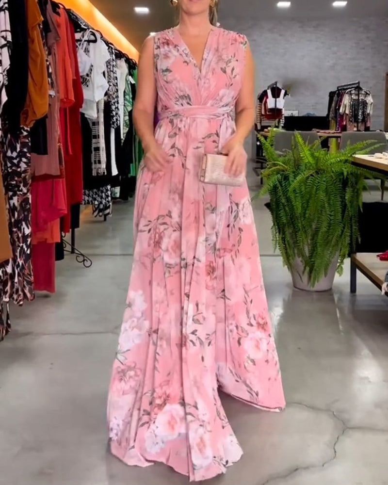 Elegante mouwloze jurk met V-hals en bloemenprint