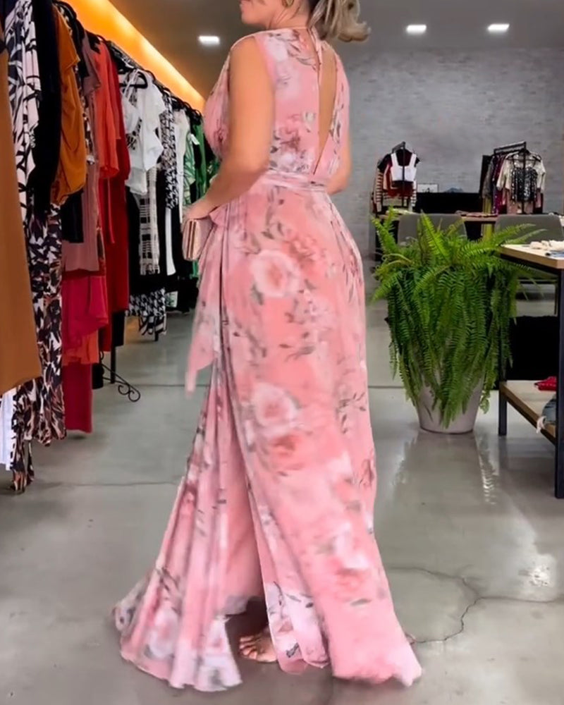 Elegante mouwloze jurk met V-hals en bloemenprint