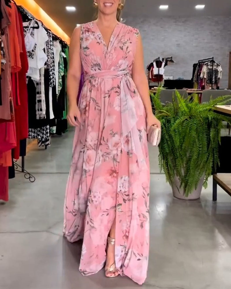 Elegante mouwloze jurk met V-hals en bloemenprint