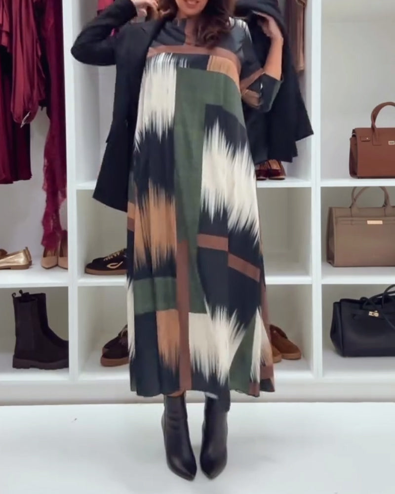 Modieuze Gedrukte Jurk Met Ronde Hals En Lange Mouwen