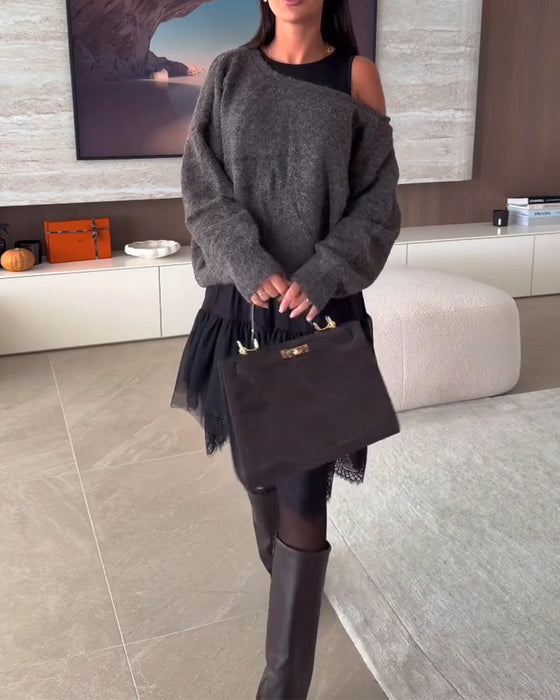 Off-Shoulder Wijd Trui & Kant Zoom Jurk