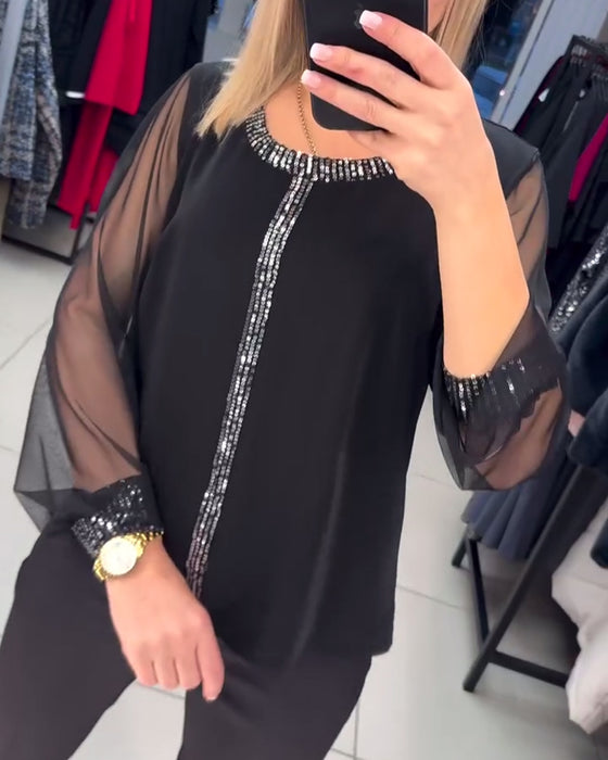 Blouse Met Paillettenpaneel En Lange Mouwen