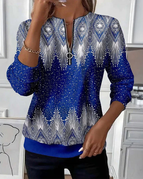 Hoodie Met Half-Rits Detail, Retro Stijl En Geprinte Patroon