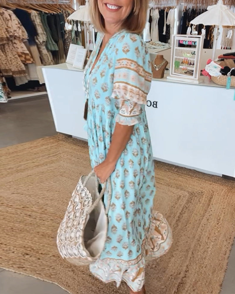 Casual jurk met V-hals en halve mouwen met print