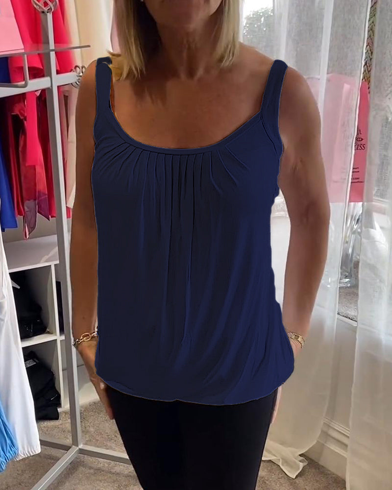 Casual mouwloze top met plooi en effen kleur