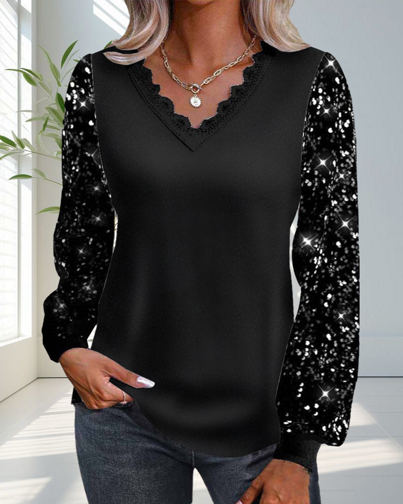 Casual effen top met pailletten en V-hals