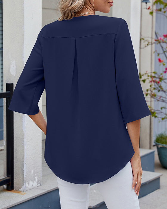 Blouse Halve Mouwen Ruches Effen Kleur Casual
