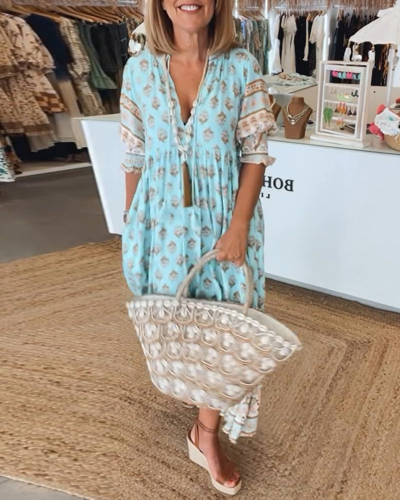 Casual jurk met V-hals en halve mouwen met print