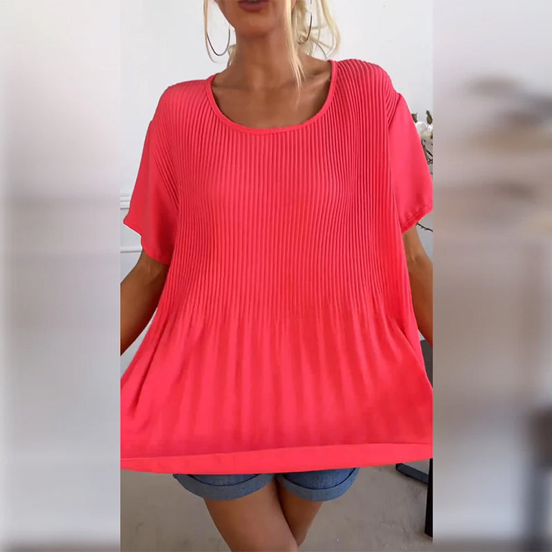 Effen gekleurde geplooide blouse met ronde hals