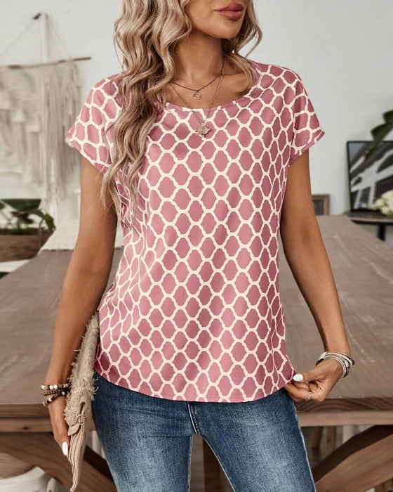 Blouse Ronde Hals Diamantprint Korte Mouwen