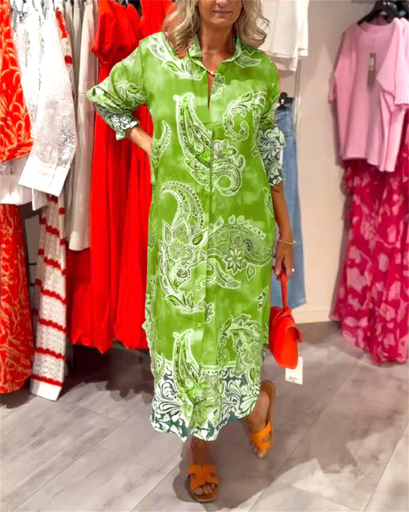 Jurk Staande Kraag Lange Mouw Cashew Print
