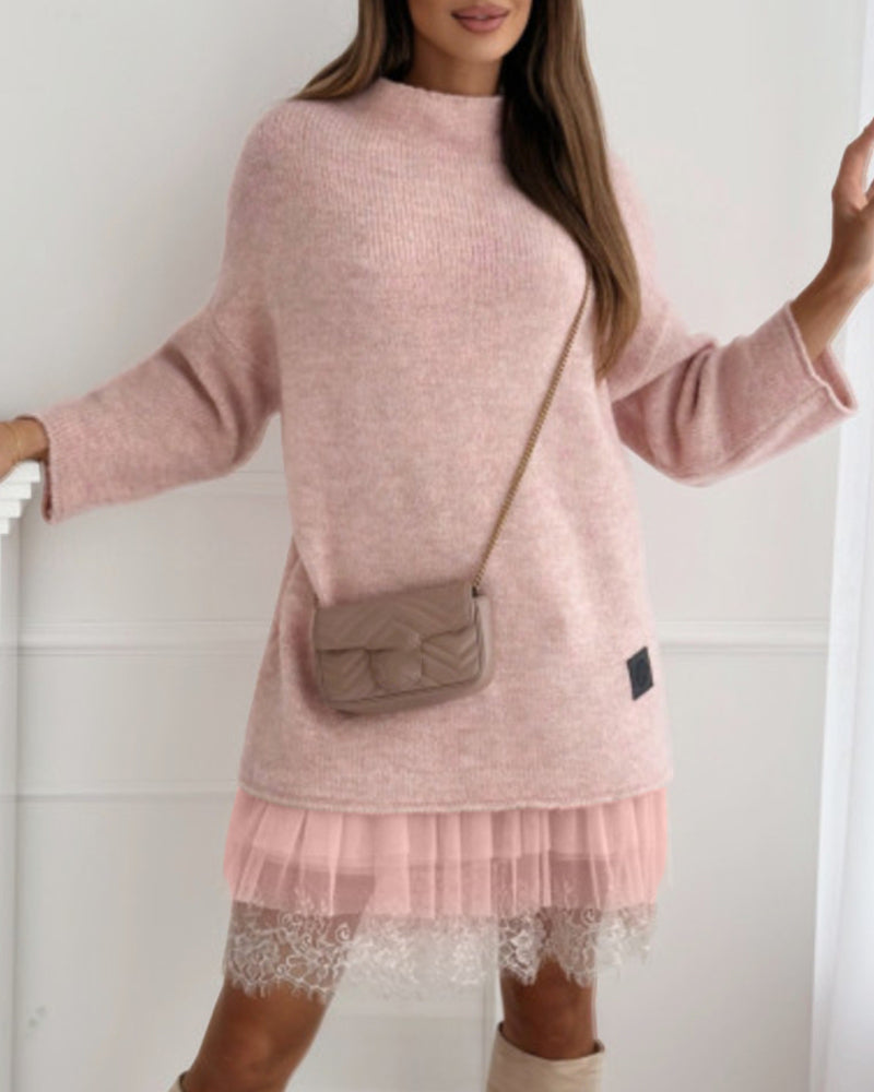 Casual hoge kraag pullover mesh jurk set in effen kleur