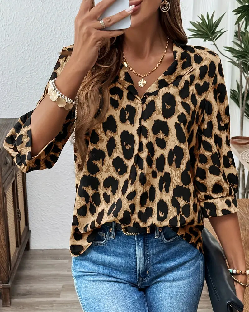 Blouse Halflange Mouwen Luipaardprint Wijd