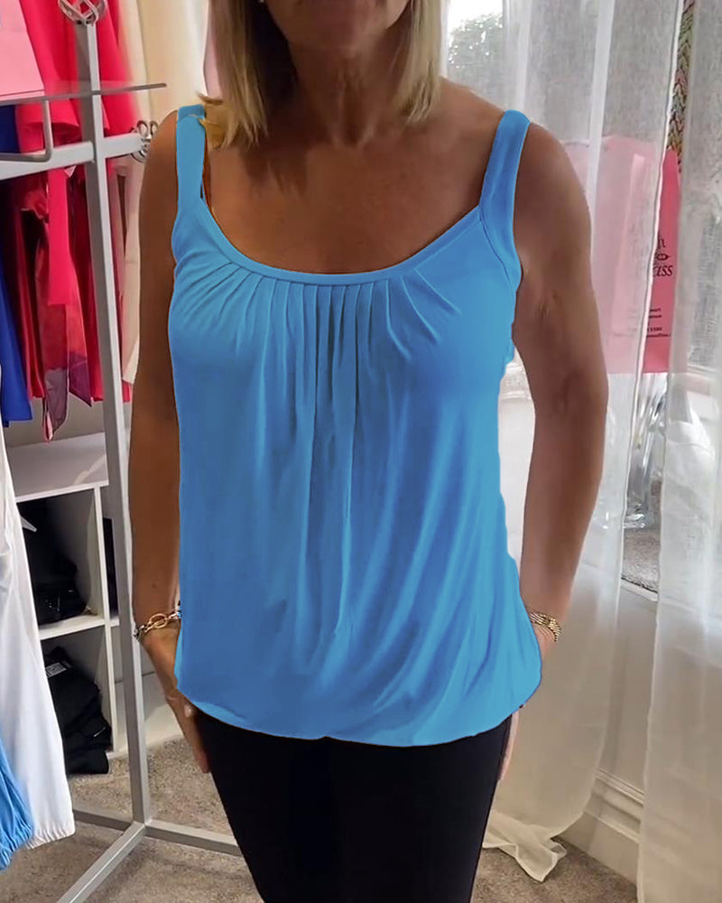 Casual mouwloze top met plooi en effen kleur