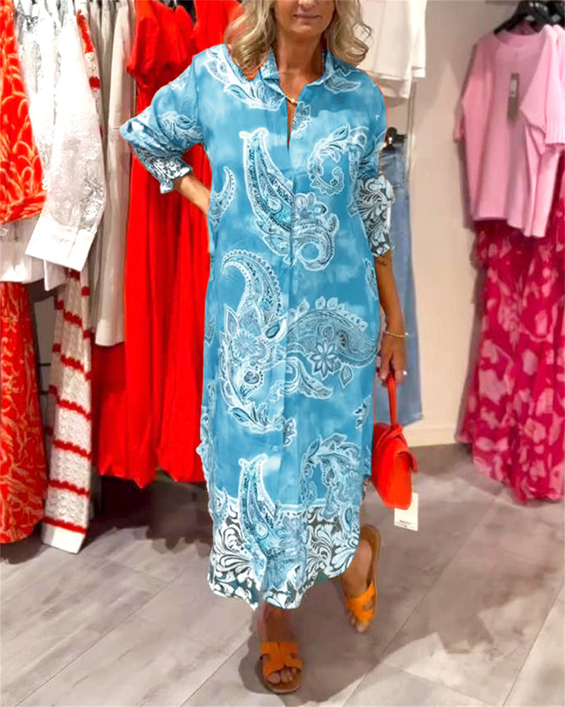 Jurk Staande Kraag Lange Mouw Cashew Print