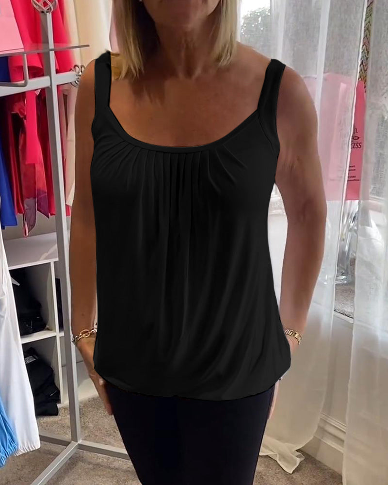 Casual mouwloze top met plooi en effen kleur