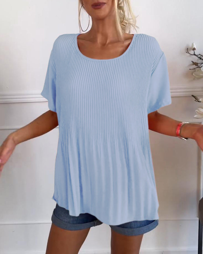 Effen gekleurde geplooide blouse met ronde hals