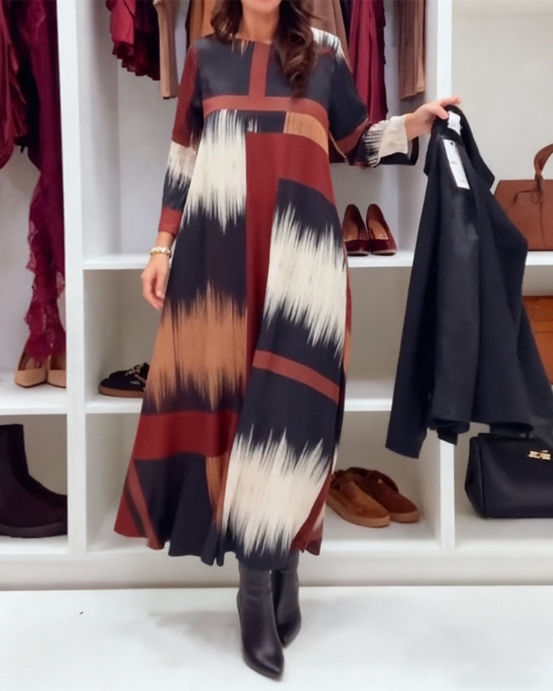 Modieuze Gedrukte Jurk Met Ronde Hals En Lange Mouwen