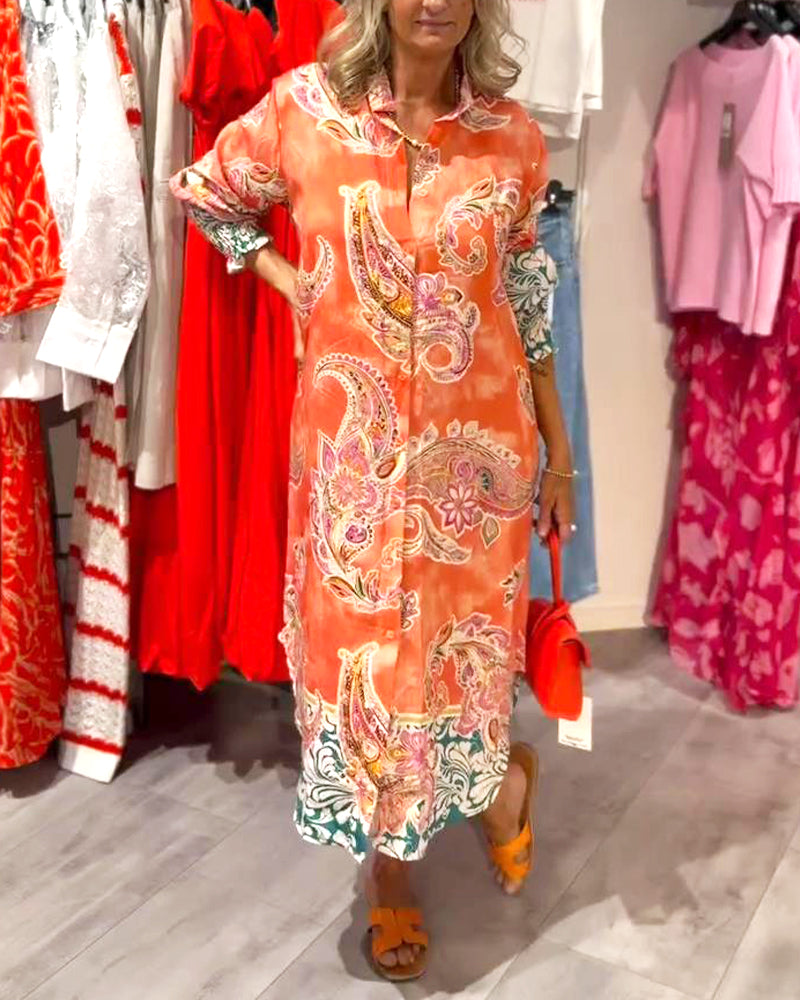 Jurk Staande Kraag Lange Mouw Cashew Print
