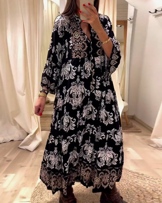 Vintage losse jurk met print en geplooide
