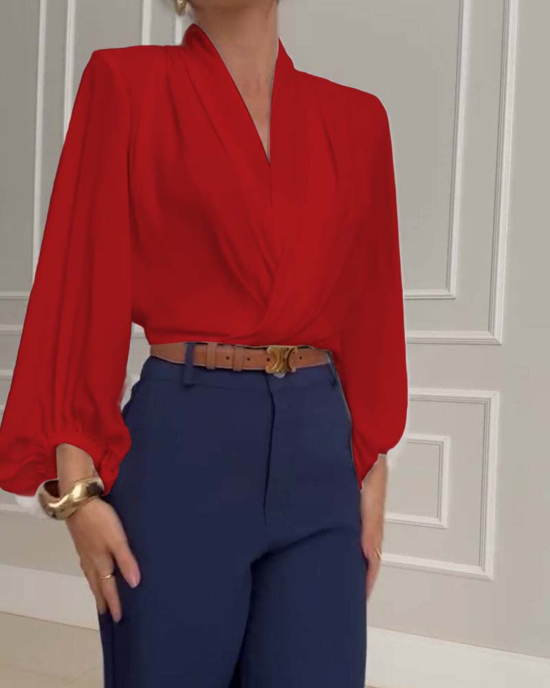 Mode effen kleur blouse met V-hals en lantaarnmouw