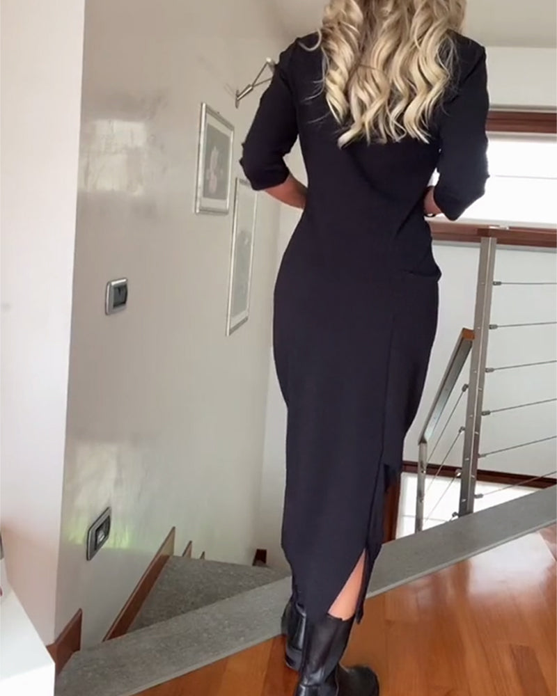 Ronde hals geplooide effen elegante jurk