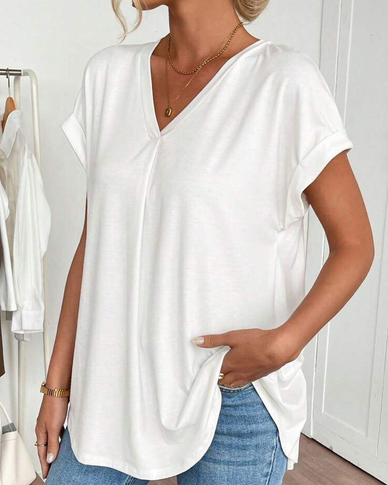 T-Shirt Met Korte Mouwen Effen Kleur Patchwork