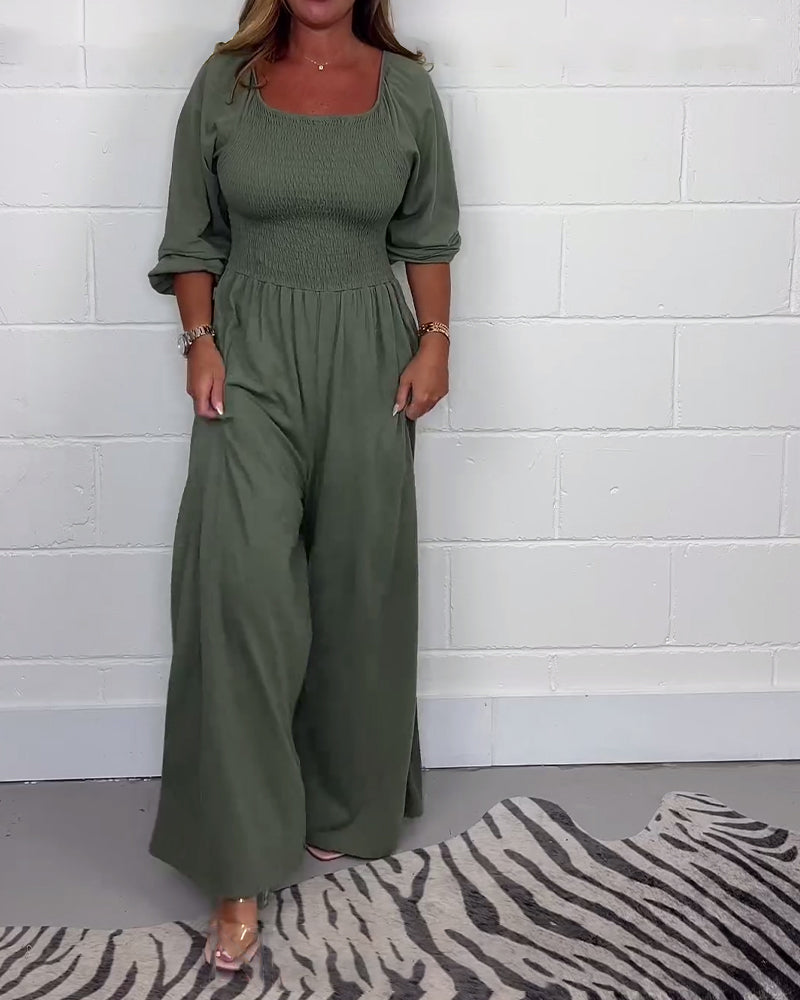 Jumpsuit met vierkante hals en zak in effen kleur