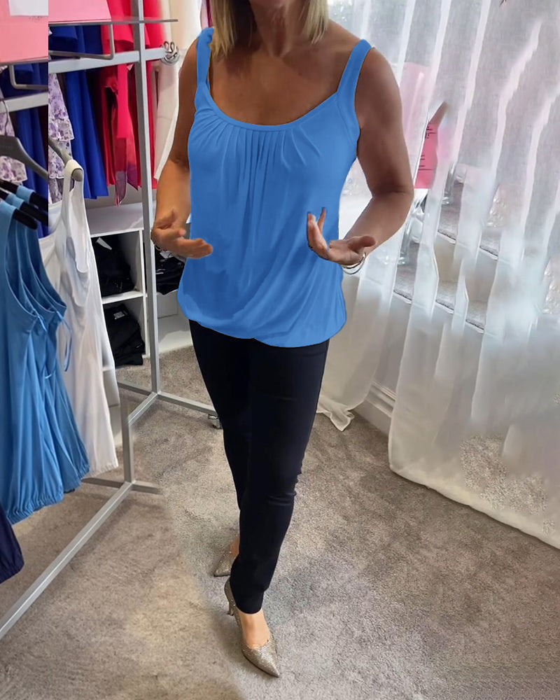 Casual mouwloze top met plooi en effen kleur