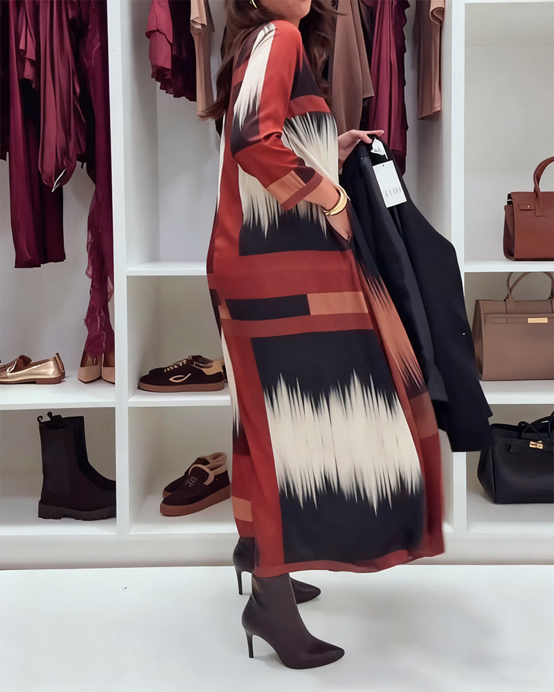 Modieuze Gedrukte Jurk Met Ronde Hals En Lange Mouwen