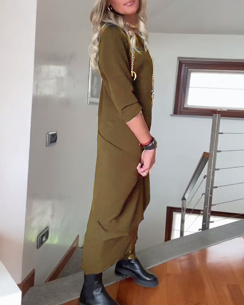 Ronde hals geplooide effen elegante jurk