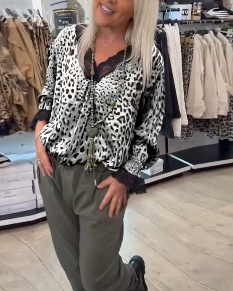 Mode luipaard print blouse met V-hals en kant patchwork