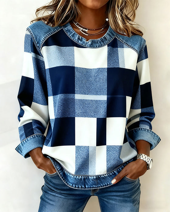 Sweatshirt Met Geruit Patchwork En Contrastkleur