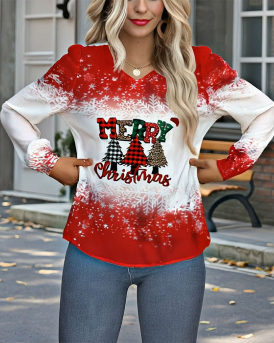 Top V-Hals Kerstboomprint Lange Mouwen