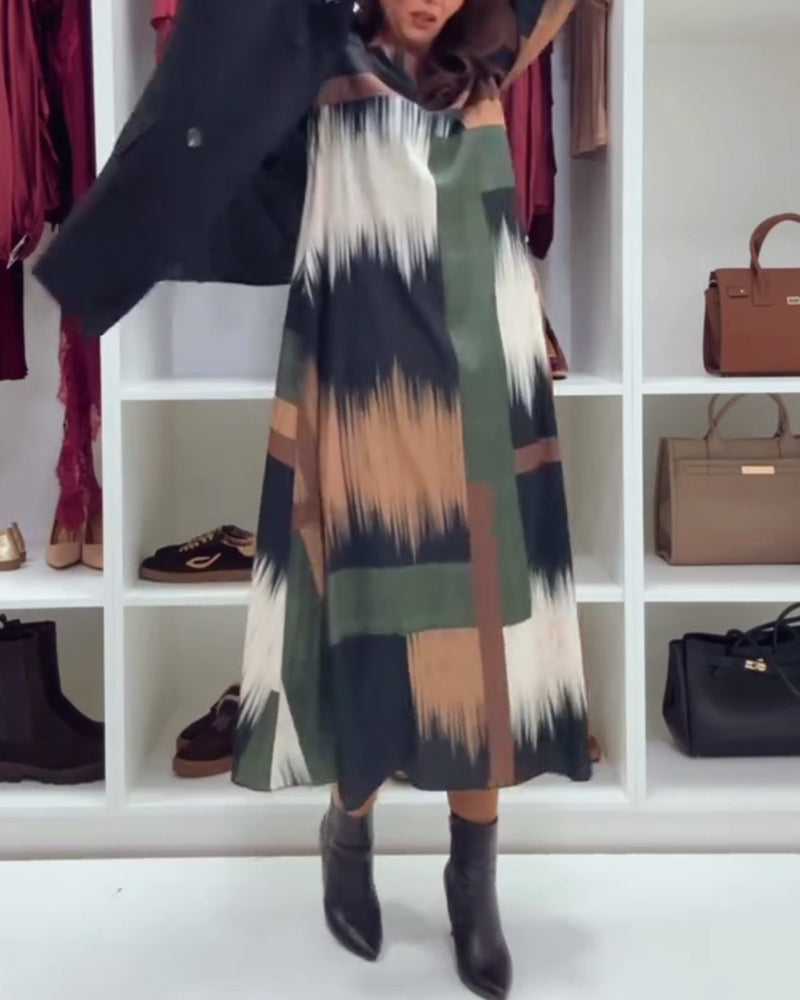 Modieuze Gedrukte Jurk Met Ronde Hals En Lange Mouwen