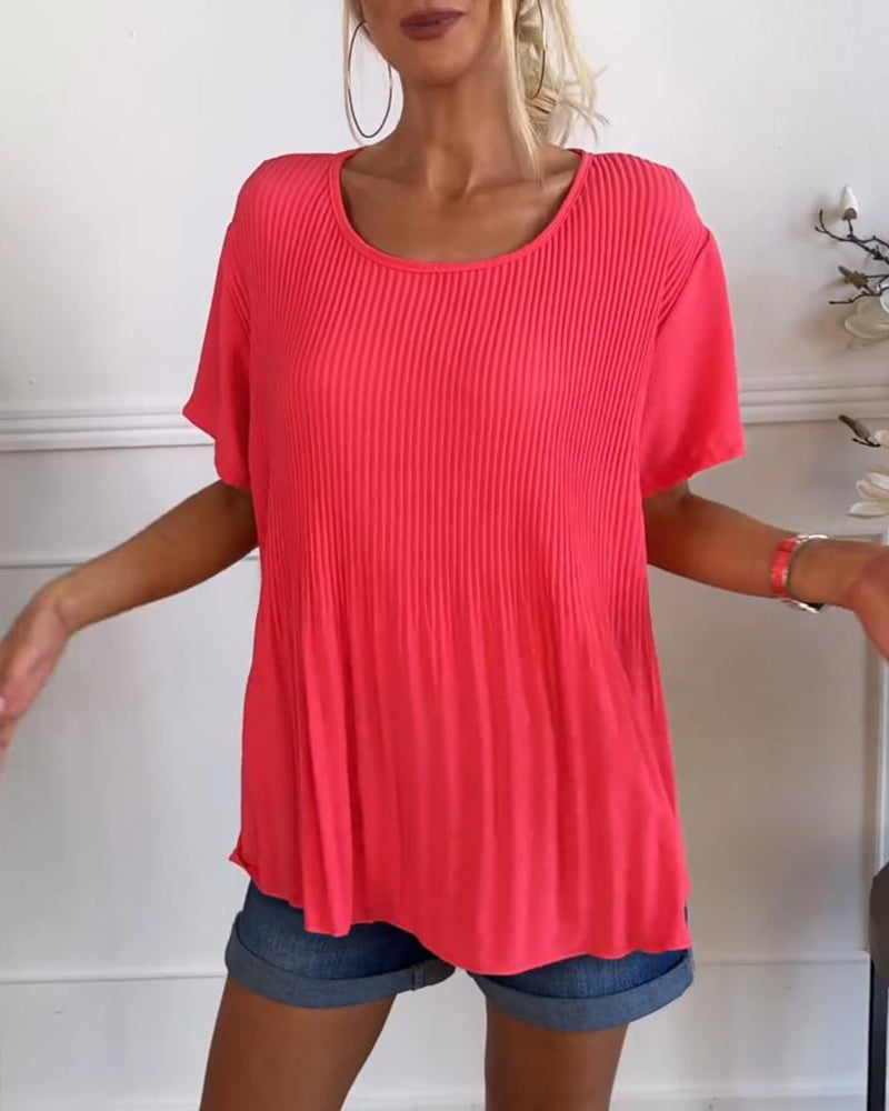 Effen gekleurde geplooide blouse met ronde hals