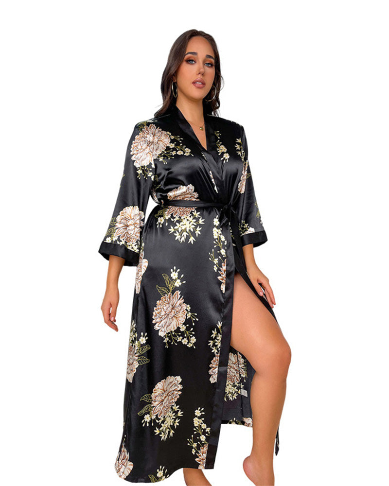 Groot formaat bedrukte zijden sexy pyjamajurk