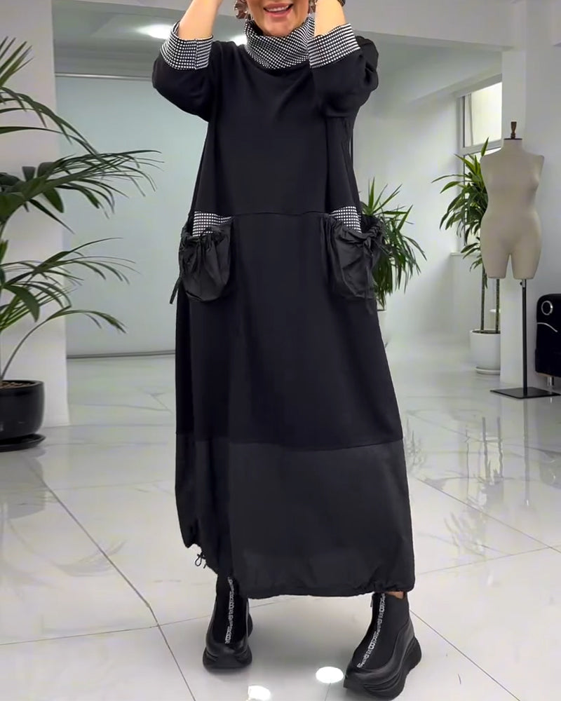 Casual geruite patchwork jurk met hoge kraag en zak