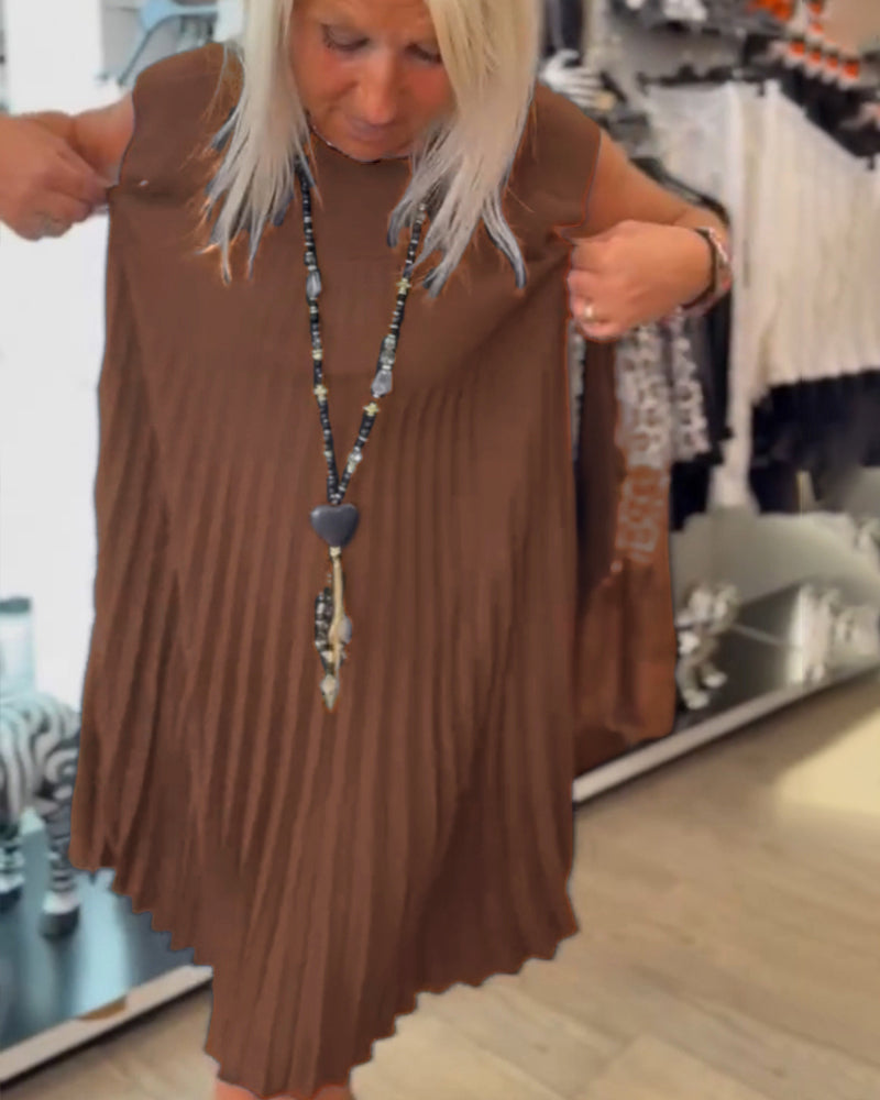 Ronde hals effen plooi casual jurk
