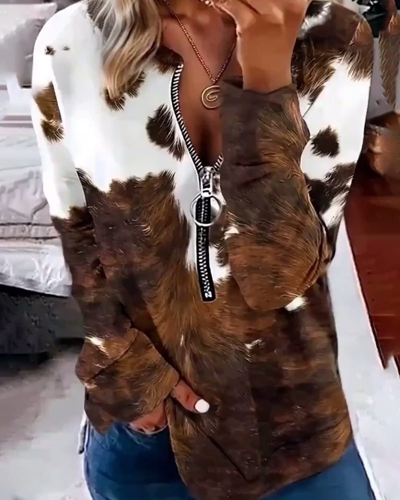 T-shirt modieus rits lange mouw bedrukt