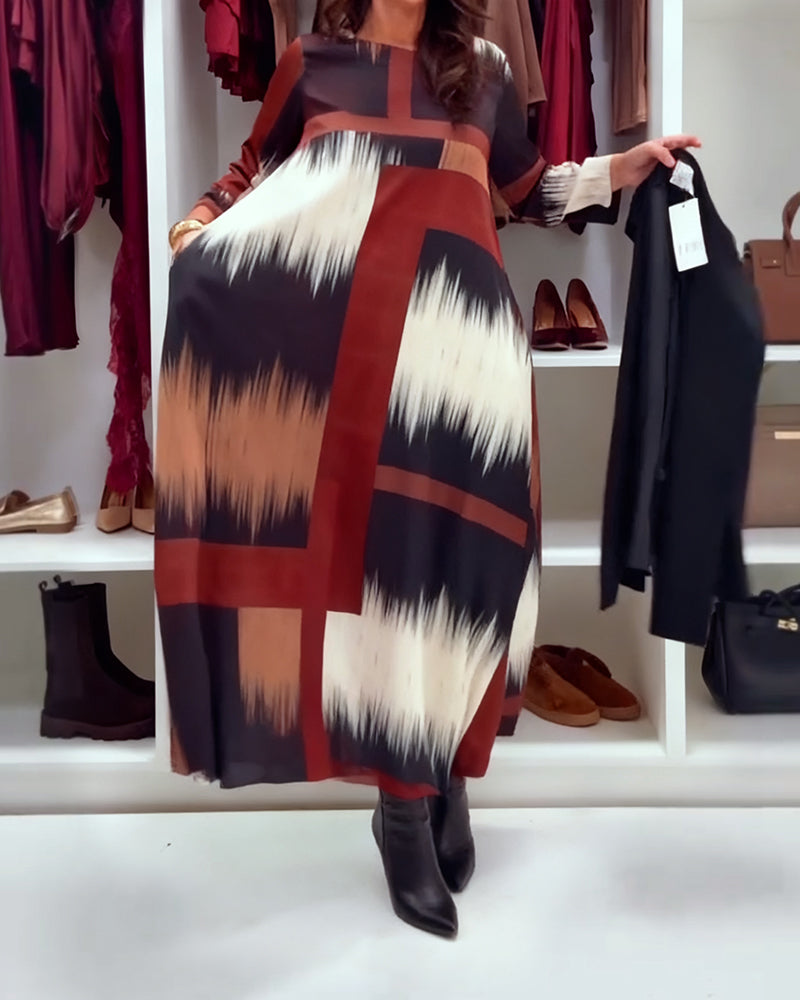 Modieuze Gedrukte Jurk Met Ronde Hals En Lange Mouwen