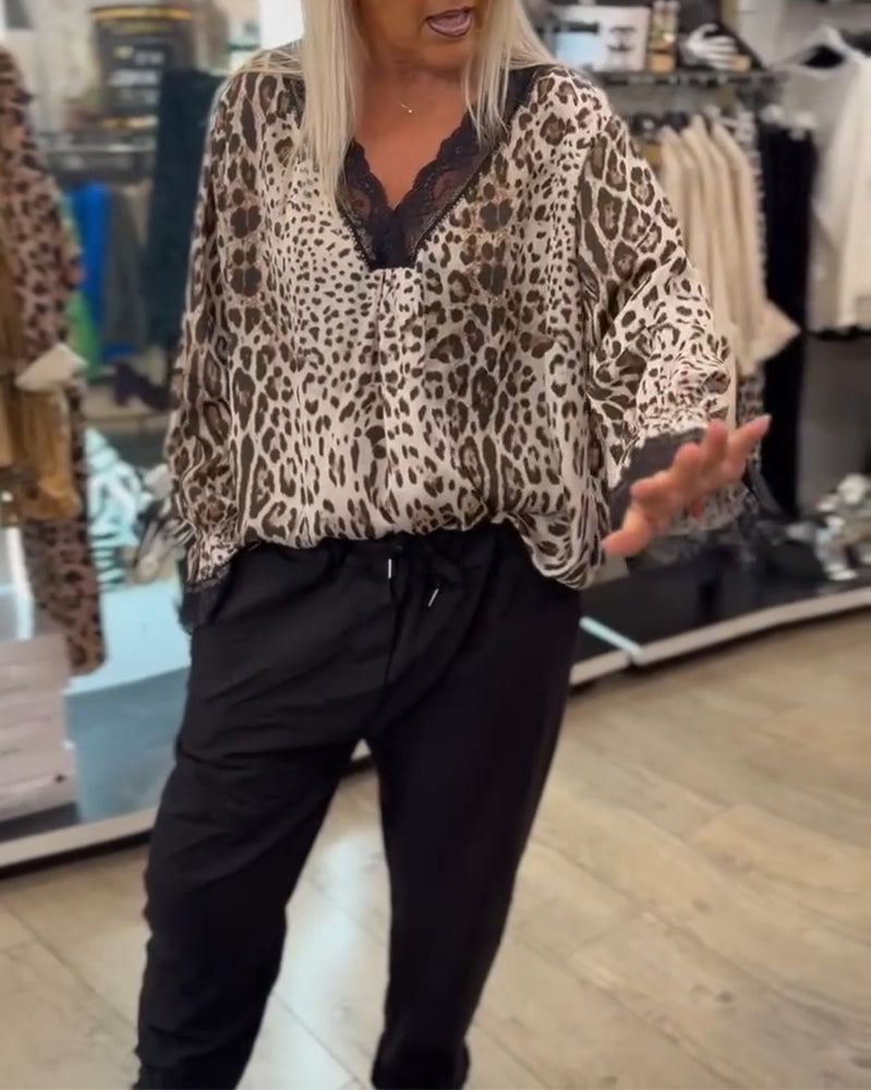 Mode luipaard print blouse met V-hals en kant patchwork