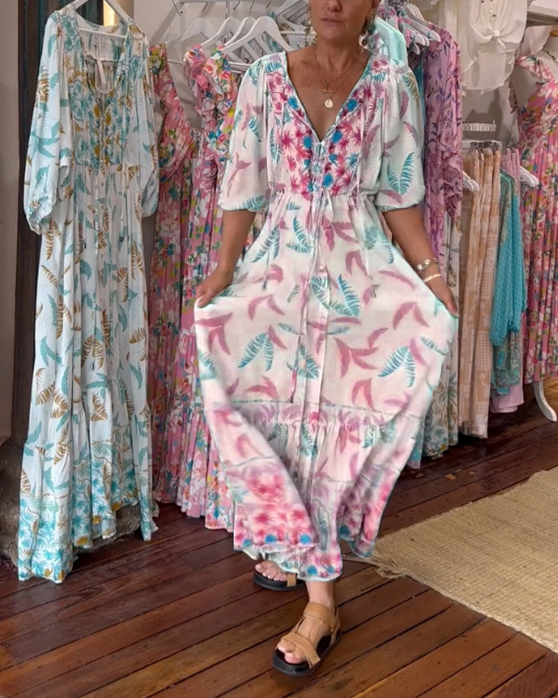 Maxi-jurk met bladprint voor dames met V-hals