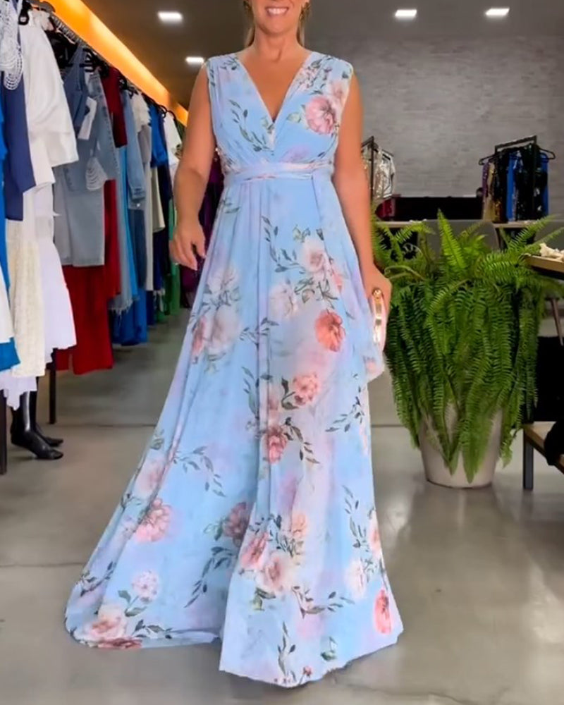 Elegante mouwloze jurk met V-hals en bloemenprint