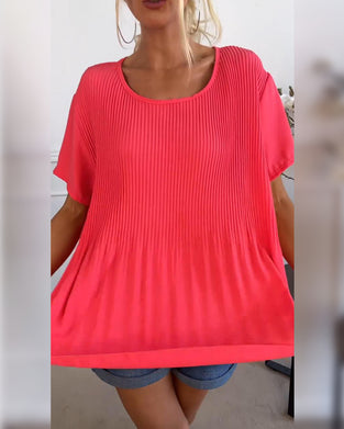 Effen gekleurde geplooide blouse met ronde hals
