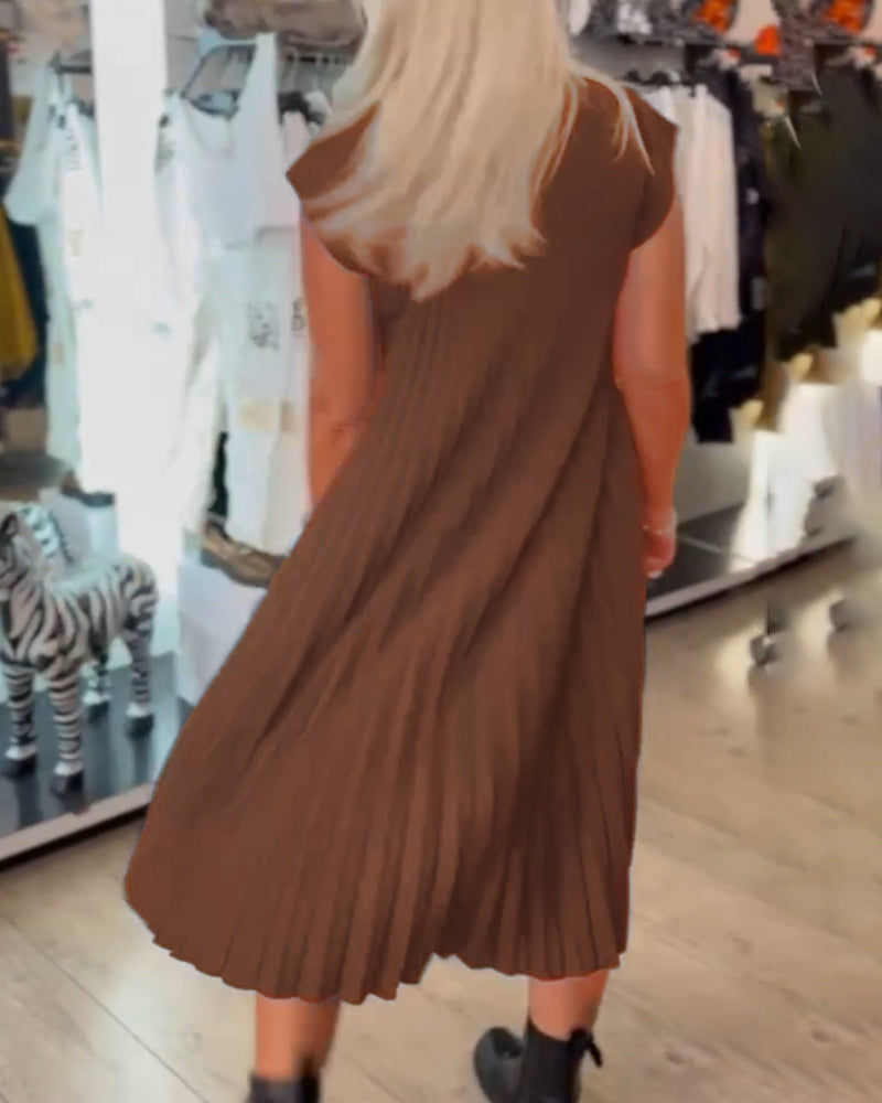 Ronde hals effen plooi casual jurk