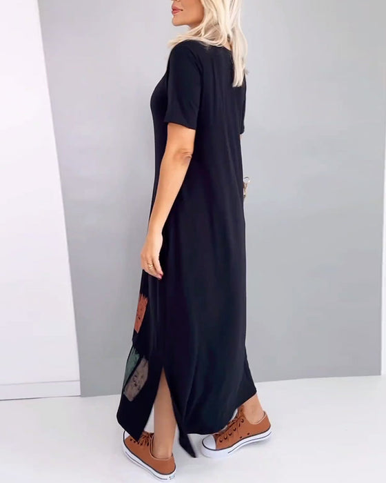Jurk V-Hals Bedrukt Split Casual Korte Mouwen